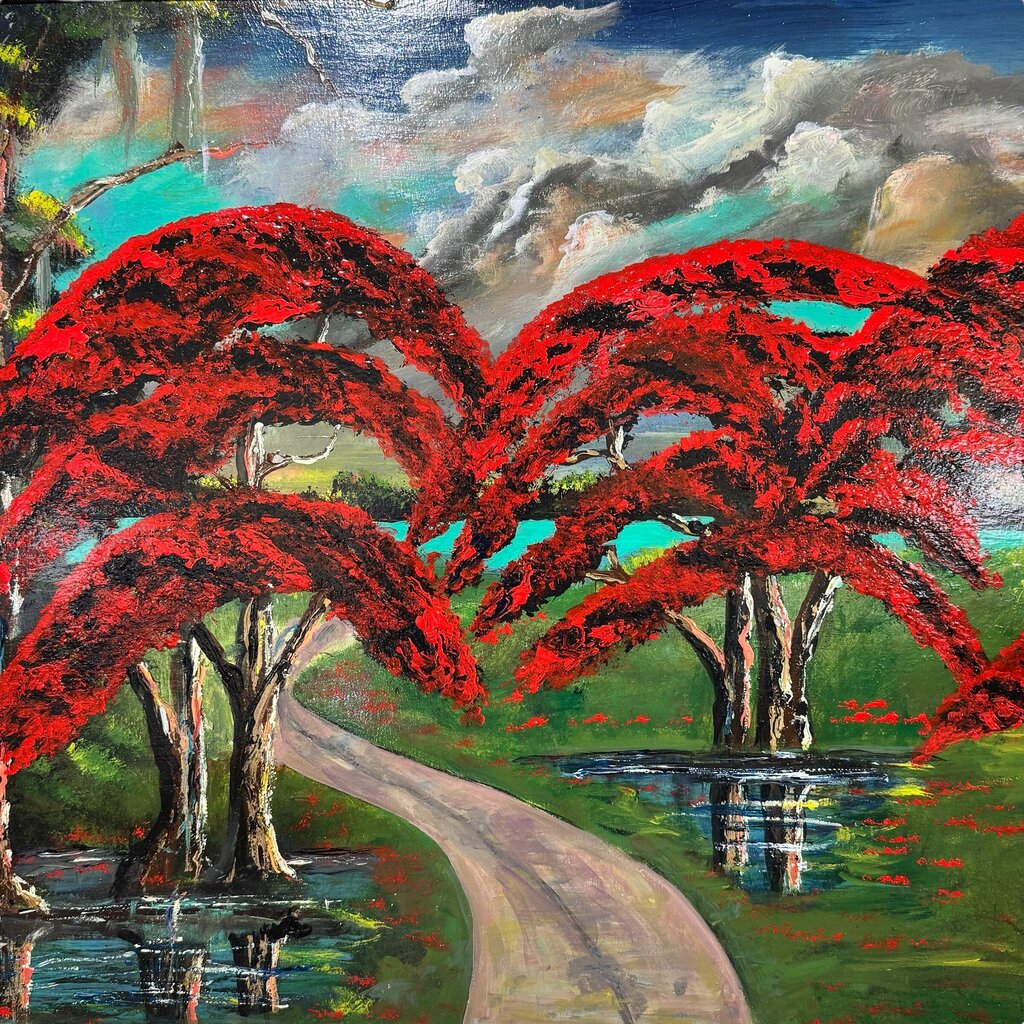 "Red Royal Poinceta Trees" Original Oil on Masonite Board by Self-Proclaimed Florida Highwayman Artist, Michael Sears 42Lx30W
