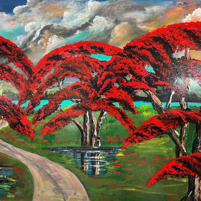 "Red Royal Poinceta Trees" Original Oil on Masonite Board by Self-Proclaimed Florida Highwayman Artist, Michael Sears 42Lx30W