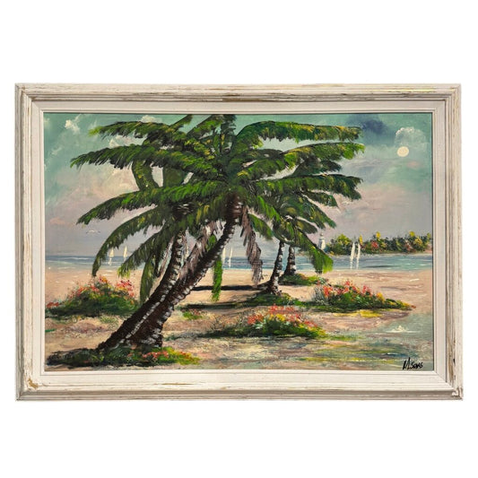 "Palm Trees Sailboats & Lighthouse" Original Oil on Canvas by Self-Proclaimed Florida Highwayman Artist, Michael Sears 41Lx29W