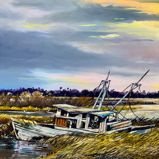 "Old Boat" in Florida Marsh Original Oil Painting on Canvas by Listed Artist Joe Suroviec 41Lx29H