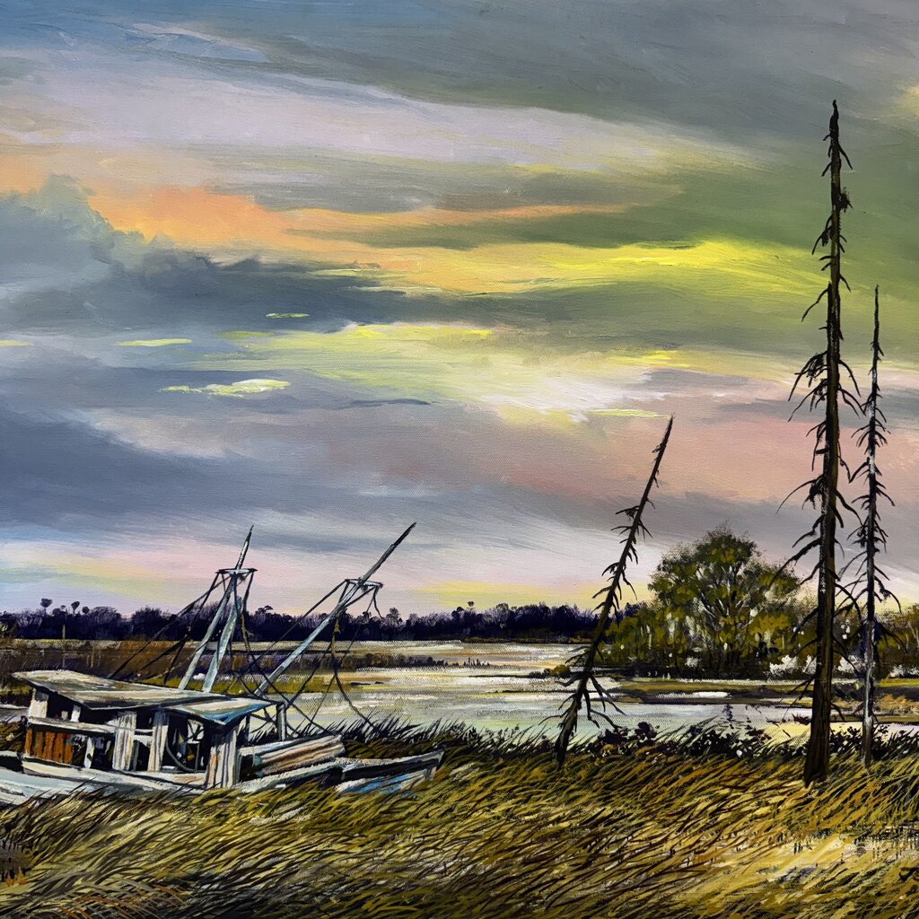 "Old Boat" in Florida Marsh Original Oil Painting on Canvas by Listed Artist Joe Suroviec 41Lx29H