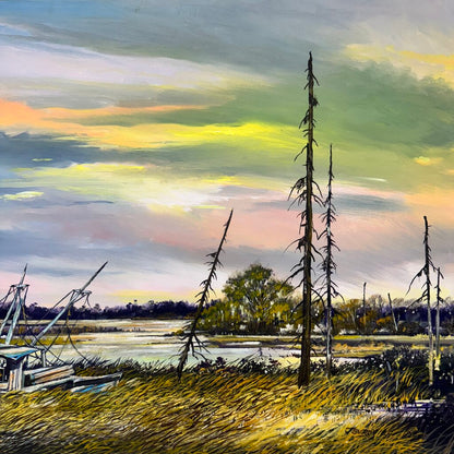 "Old Boat" in Florida Marsh Original Oil Painting on Canvas by Listed Artist Joe Suroviec 41Lx29H