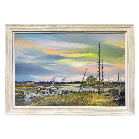 "Old Boat" in Florida Marsh Original Oil Painting on Canvas by Listed Artist Joe Suroviec 41Lx29H