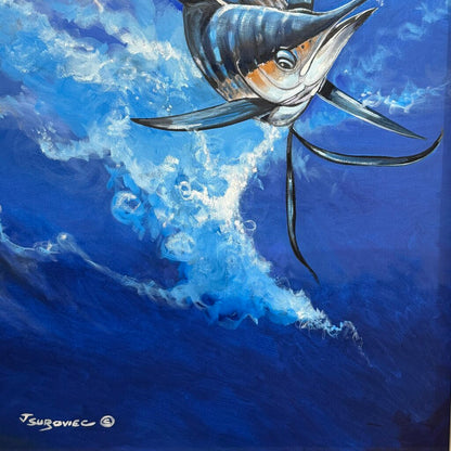 Joe Suroviec “Free Jumper” Original Oil on Canvas, Sailfish, Framed, 31Lx43H