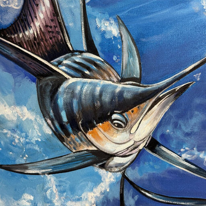 Sailfish "Free Jumper" Oil on Canvas by Listed Artist Joe Suroviec 31x43
