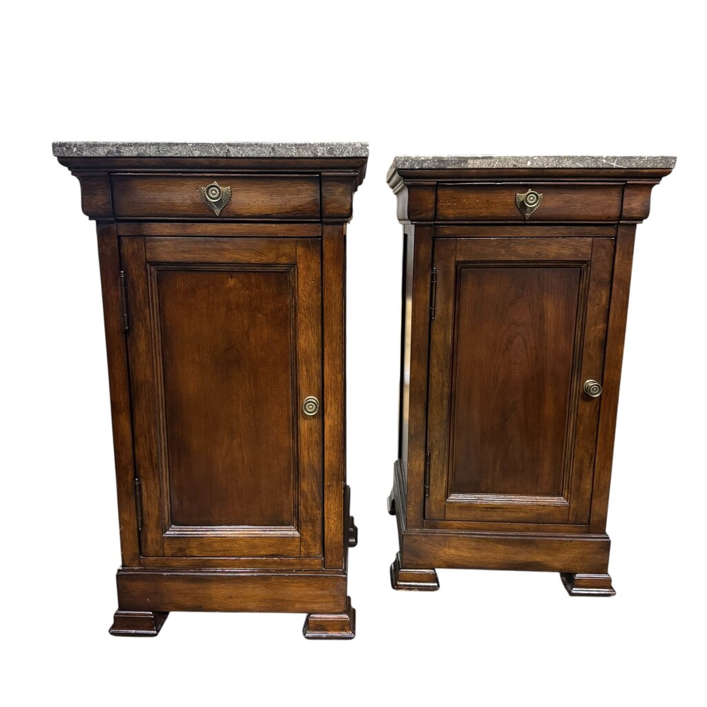 Pair of Bassett Louis-Philippe Bedside Cabinets w/ Granite Tops & Hidden Drawer 18Lx18Wx32H
