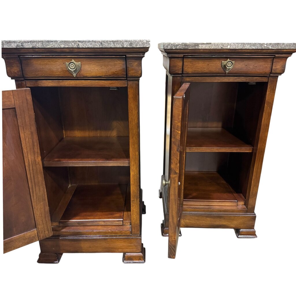 Pair of Bassett Louis-Philippe Bedside Cabinets w/ Granite Tops & Hidden Drawer 18Lx18Wx32H