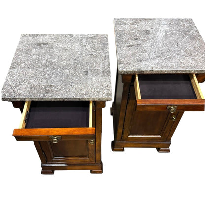 Pair of Bassett Louis-Philippe Bedside Cabinets w/ Granite Tops & Hidden Drawer 18Lx18Wx32H