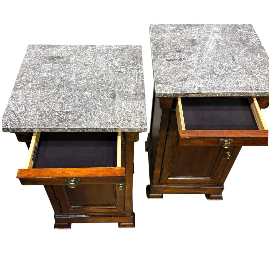 Pair of Bassett Louis-Philippe Bedside Cabinets w/ Granite Tops & Hidden Drawer 18Lx18Wx32H