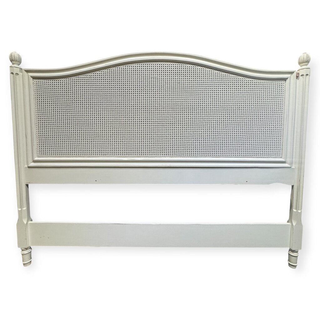 White Coastal French Country Distressed King Headboard w/ Arched Cane Panel 80Lx60H
