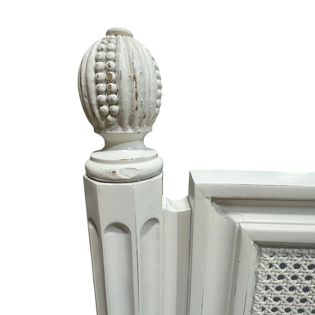 White Coastal French Country Distressed King Headboard w/ Arched Cane Panel 80Lx60H