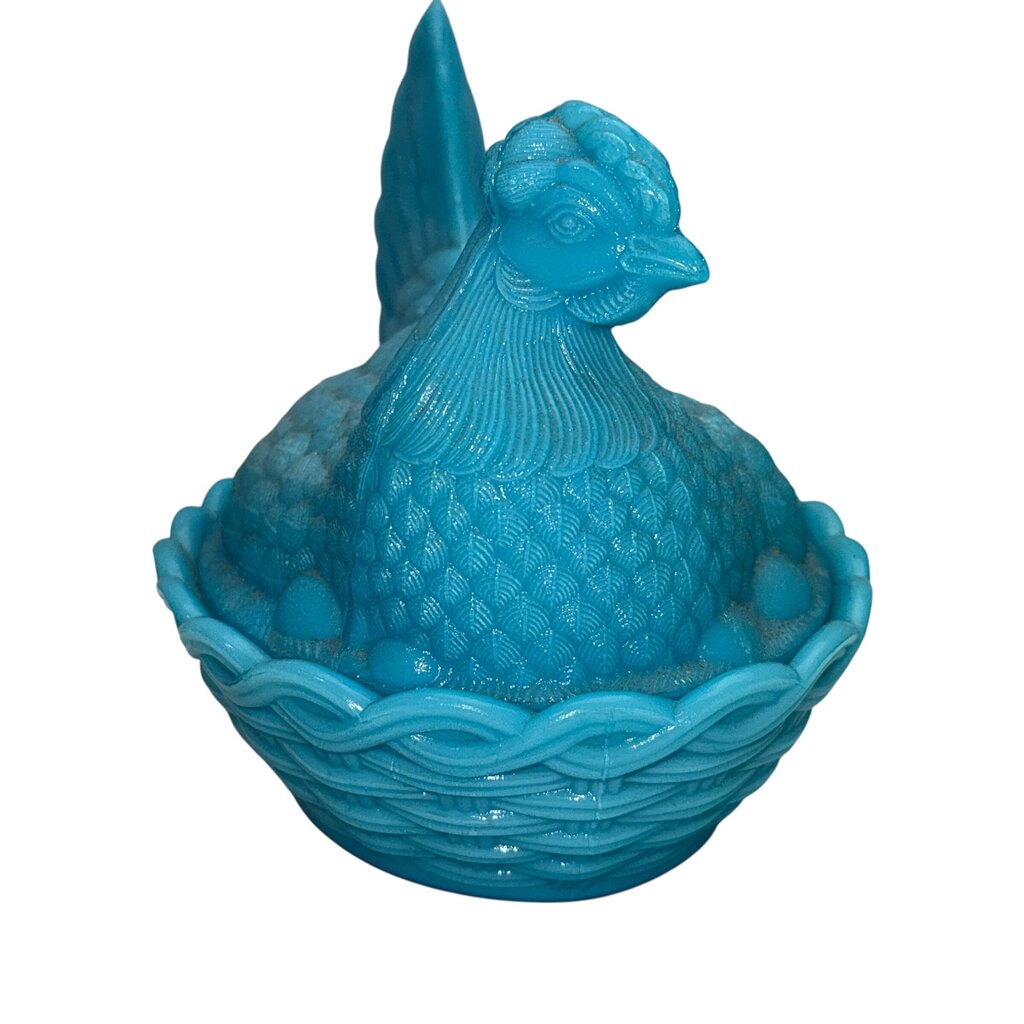 Vintage Blue Milk Glass Hen on a Nest Candy Dish 7"L x 6"W X 5.5"H
