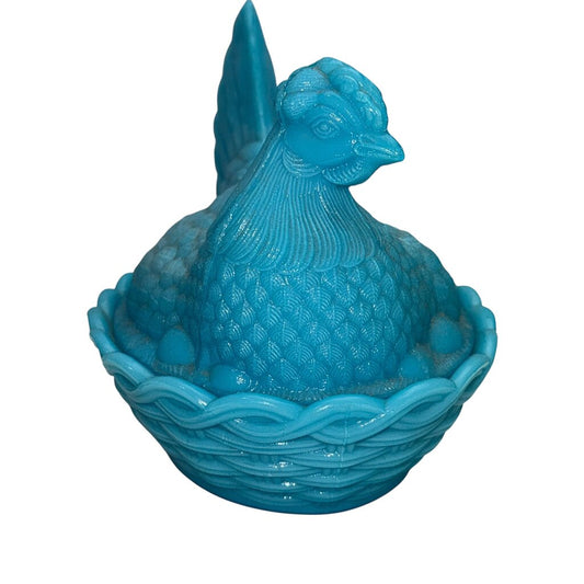 Vintage Blue Milk Glass Hen on a Nest Candy Dish 7"L x 6"W X 5.5"H