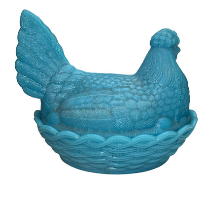 Vintage Blue Milk Glass Hen on a Nest Candy Dish 7"L x 6"W X 5.5"H