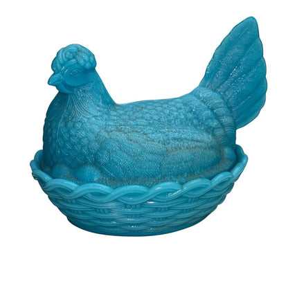 Vintage Blue Milk Glass Hen on a Nest Candy Dish 7"L x 6"W X 5.5"H