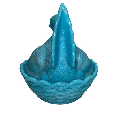 Vintage Blue Milk Glass Hen on a Nest Candy Dish 7"L x 6"W X 5.5"H
