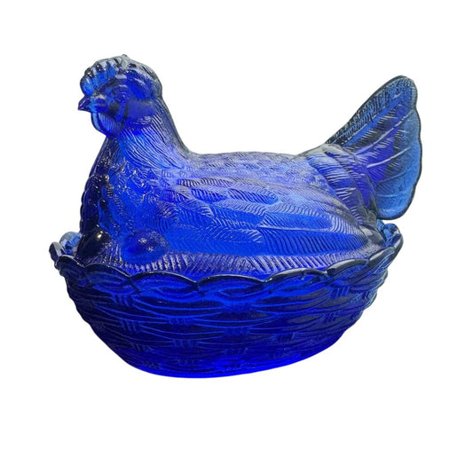 Vintage Cobalt Glass Hen on a Nest Candy Dish 6"L X 5"W X 5"H