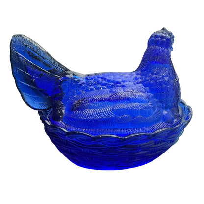 Vintage Cobalt Glass Hen on a Nest Candy Dish 6"L X 5"W X 5"H