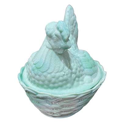 Jadeite Glass Hen on a Nest Candy Dish 8Lx7Wx7.5H