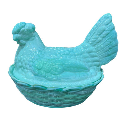 Jadeite Glass Hen on a Nest Candy Dish 8Lx7Wx7.5H