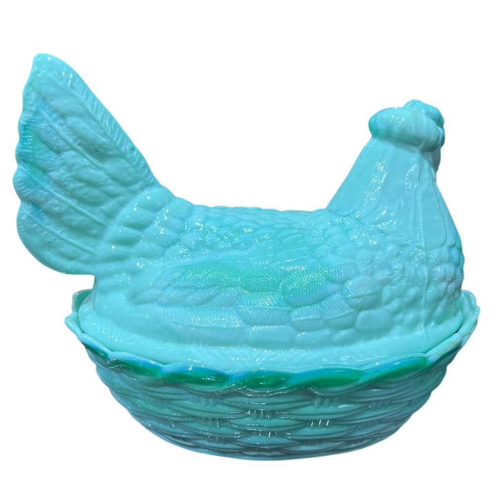 Jadeite Glass Hen on a Nest Candy Dish 8Lx7Wx7.5H