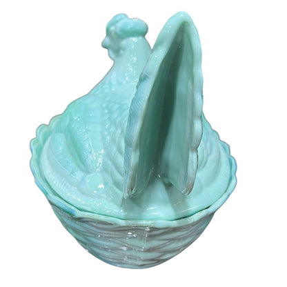 Jadeite Glass Hen on a Nest Candy Dish 8Lx7Wx7.5H