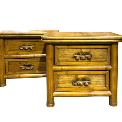 Pair of Bamboo Wicker Two Drawer Chest / Nightstands w/ Banana Leaf Handles 28Lx21Wx24H