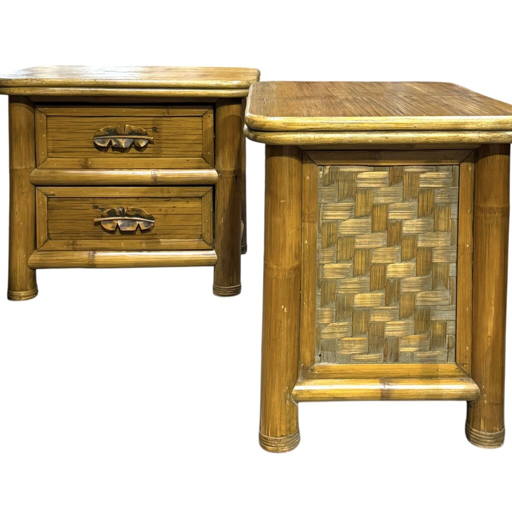 Pair of Bamboo Wicker Two Drawer Chest / Nightstands w/ Banana Leaf Handles 28Lx21Wx24H