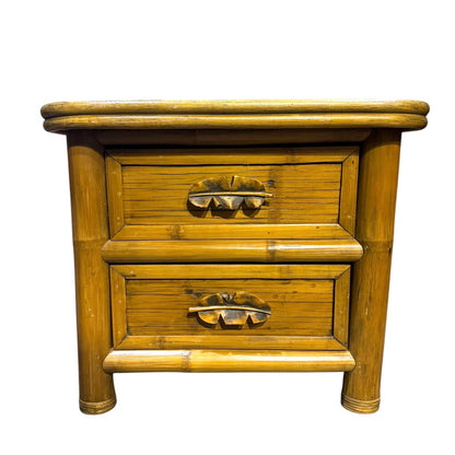 Pair of Bamboo Wicker Two Drawer Chest / Nightstands w/ Banana Leaf Handles 28Lx21Wx24H