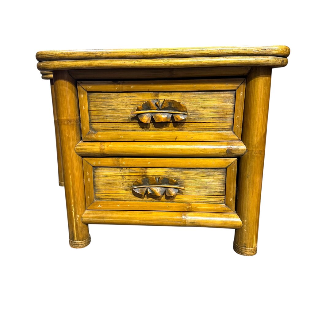 Pair of Bamboo Wicker Two Drawer Chest / Nightstands w/ Banana Leaf Handles 28Lx21Wx24H
