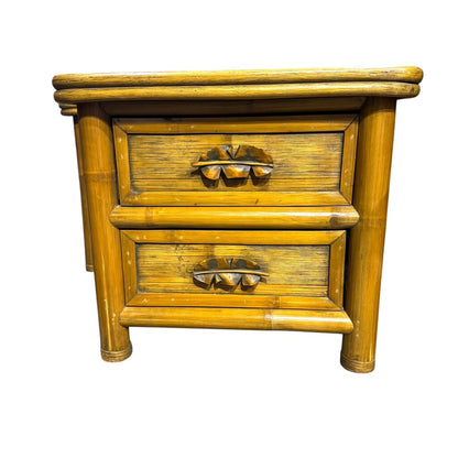Pair of Bamboo Wicker Two Drawer Chest / Nightstands w/ Banana Leaf Handles 28Lx21Wx24H