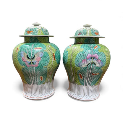 Pair of 16" Tall Chinoiserie Famille Verte Bok Choy Cabbage Leaf & Butterfly Ginger Jars 10Wx16H