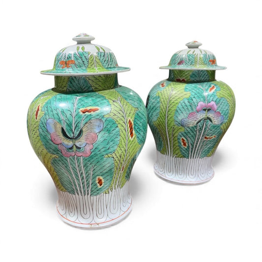 Pair of 16" Tall Chinoiserie Famille Verte Bok Choy Cabbage Leaf & Butterfly Ginger Jars 10Wx16H