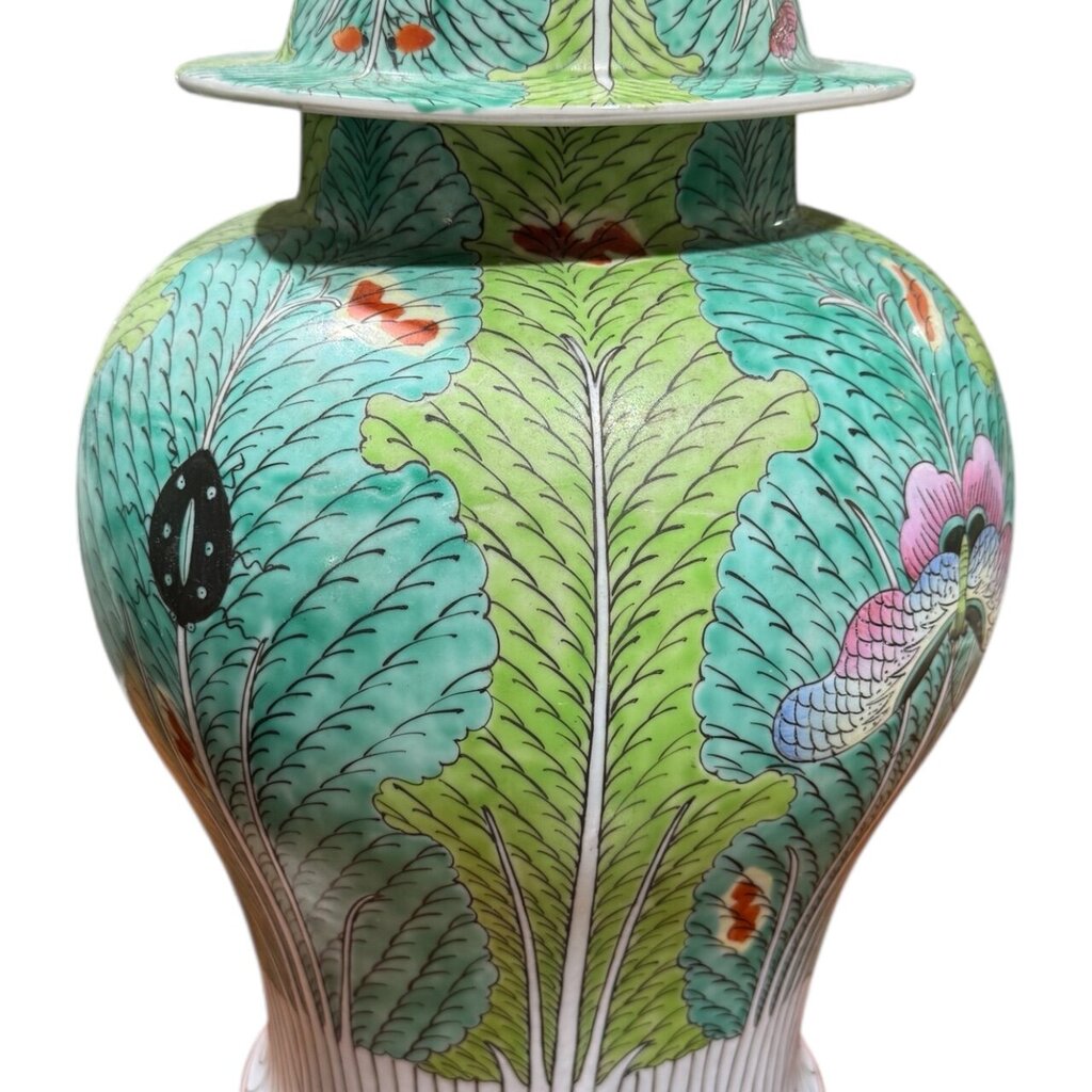 Pair of 16" Tall Chinoiserie Famille Verte Bok Choy Cabbage Leaf & Butterfly Ginger Jars 10Wx16H