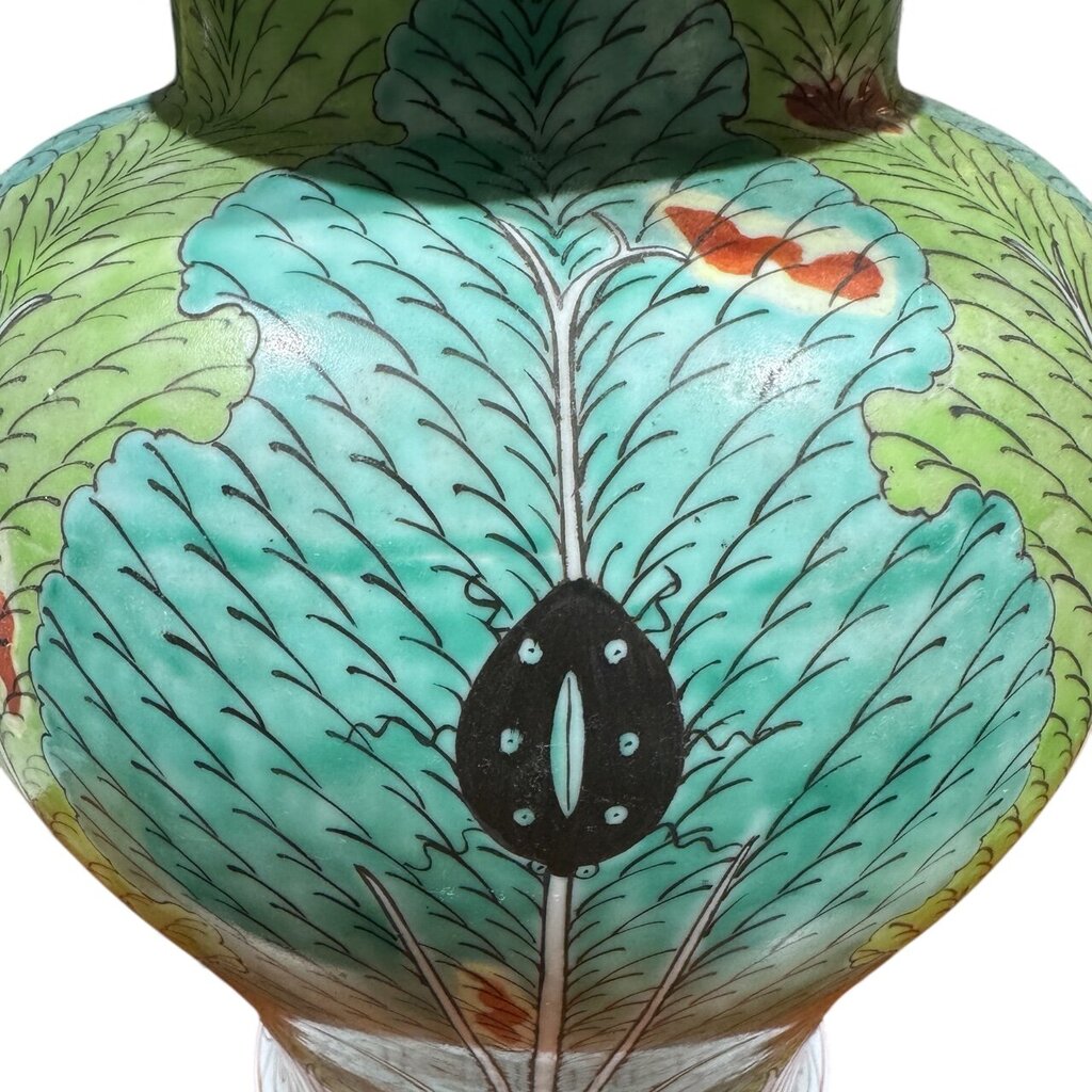 Pair of 16" Tall Chinoiserie Famille Verte Bok Choy Cabbage Leaf & Butterfly Ginger Jars 10Wx16H