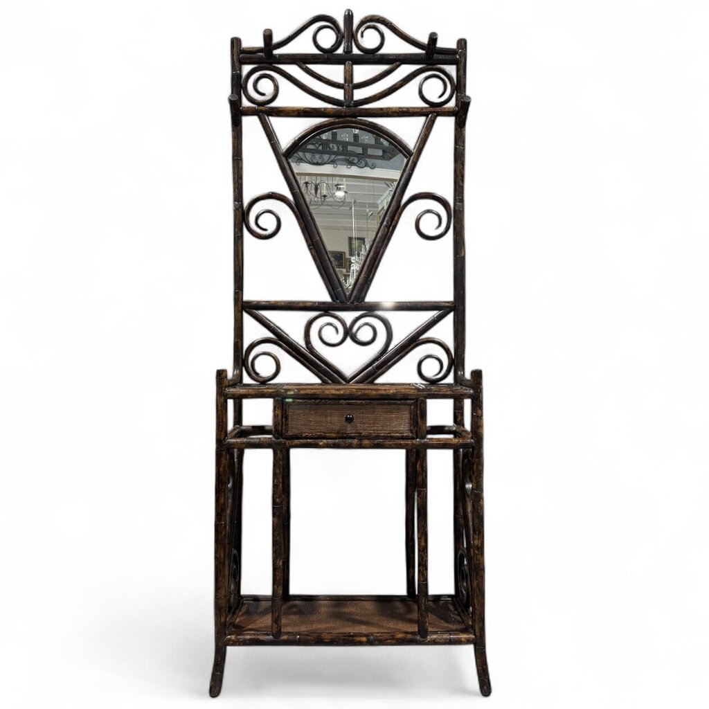 Vintage Faux Bamboo Chinoiserie Rattan Hall Tree w/ Fan Shaped Mirror Made in Charleston, North Carolina by: Bauer International Inc 29Lx13Wx76H