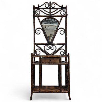 Vintage Faux Bamboo Chinoiserie Rattan Hall Tree w/ Fan Shaped Mirror Made in Charleston, North Carolina by: Bauer International Inc 29Lx13Wx76H