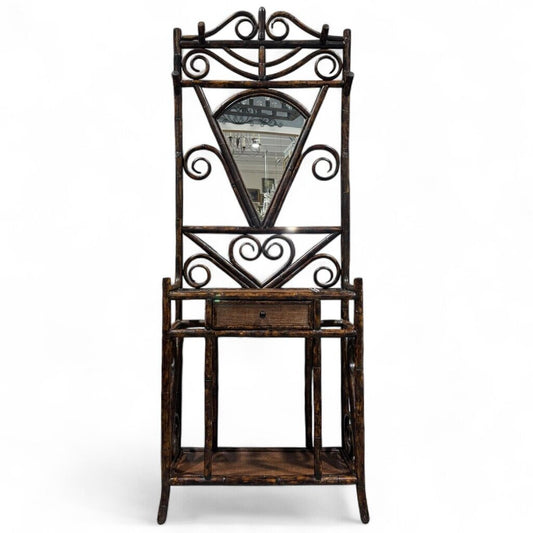 Vintage Faux Bamboo Chinoiserie Rattan Hall Tree w/ Fan Shaped Mirror Made in Charleston, North Carolina by: Bauer International Inc 29Lx13Wx76H