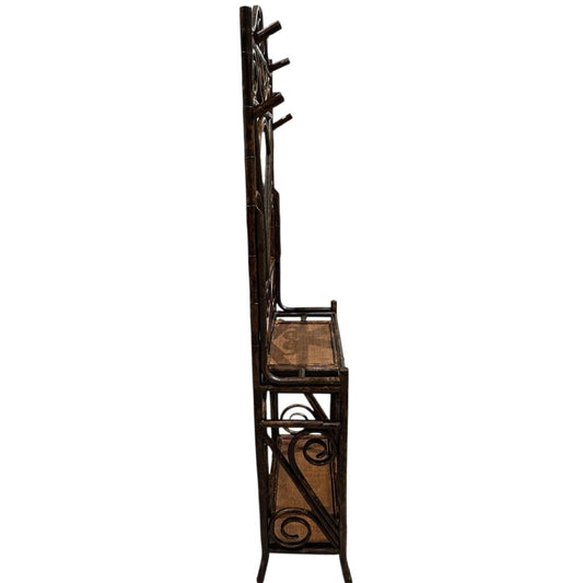 Vintage Faux Bamboo Chinoiserie Rattan Hall Tree w/ Fan Shaped Mirror Made in Charleston, North Carolina by: Bauer International Inc 27Lx12Wx75H