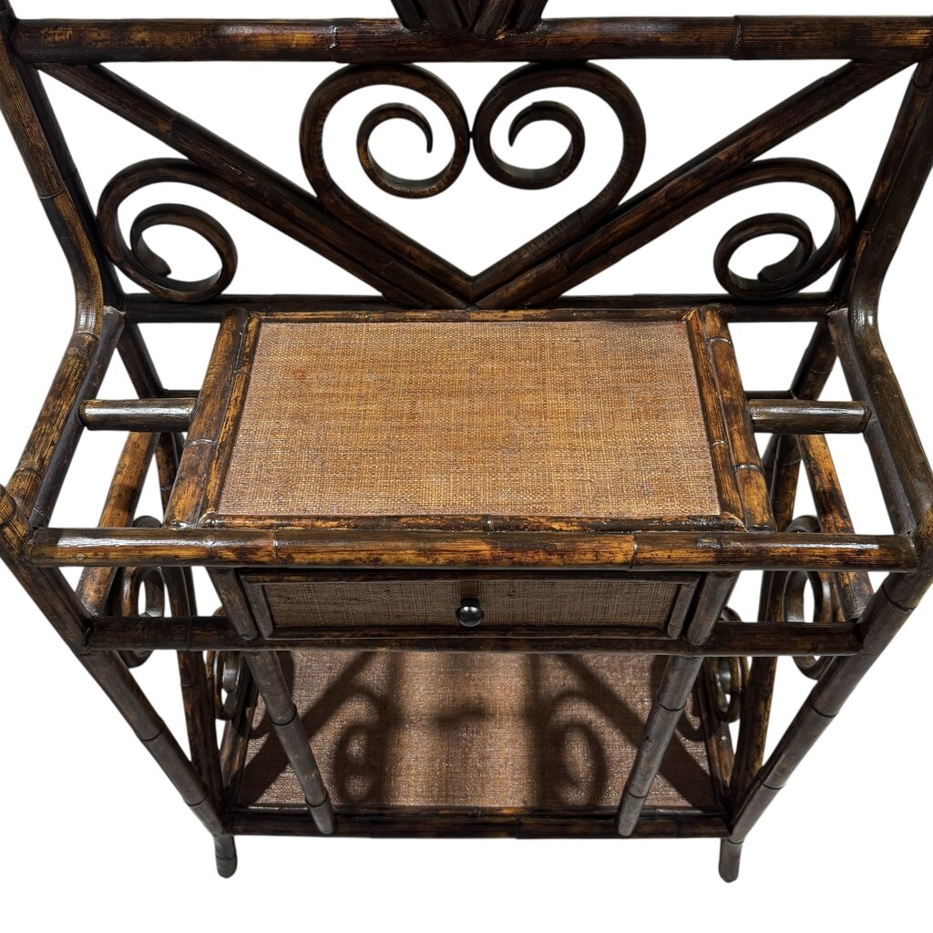 Vintage Faux Bamboo Chinoiserie Rattan Hall Tree w/ Fan Shaped Mirror Made in Charleston, North Carolina by: Bauer International Inc 29Lx13Wx76H