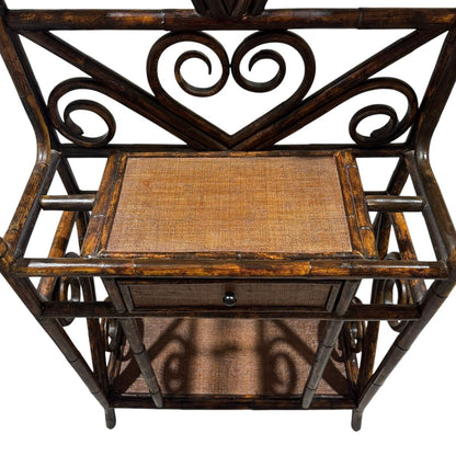 Vintage Faux Bamboo Chinoiserie Rattan Hall Tree w/ Fan Shaped Mirror Made in Charleston, North Carolina by: Bauer International Inc 29Lx13Wx76H