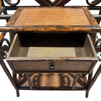 Vintage Faux Bamboo Chinoiserie Rattan Hall Tree w/ Fan Shaped Mirror Made in Charleston, North Carolina by: Bauer International Inc 29Lx13Wx76H