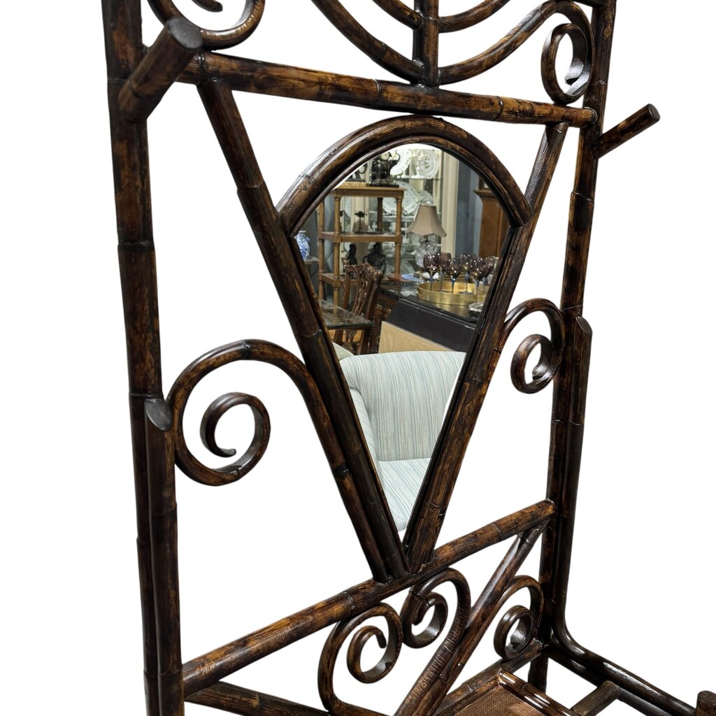 Vintage Faux Bamboo Chinoiserie Rattan Hall Tree w/ Fan Shaped Mirror Made in Charleston, North Carolina by: Bauer International Inc 27Lx12Wx75H