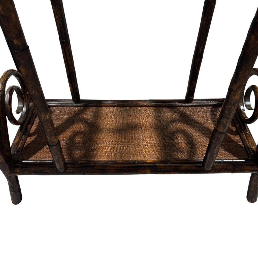 Vintage Faux Bamboo Chinoiserie Rattan Hall Tree w/ Fan Shaped Mirror Made in Charleston, North Carolina by: Bauer International Inc 29Lx13Wx76H