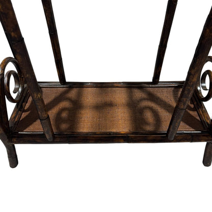 Vintage Faux Bamboo Chinoiserie Rattan Hall Tree w/ Fan Shaped Mirror Made in Charleston, North Carolina by: Bauer International Inc 29Lx13Wx76H