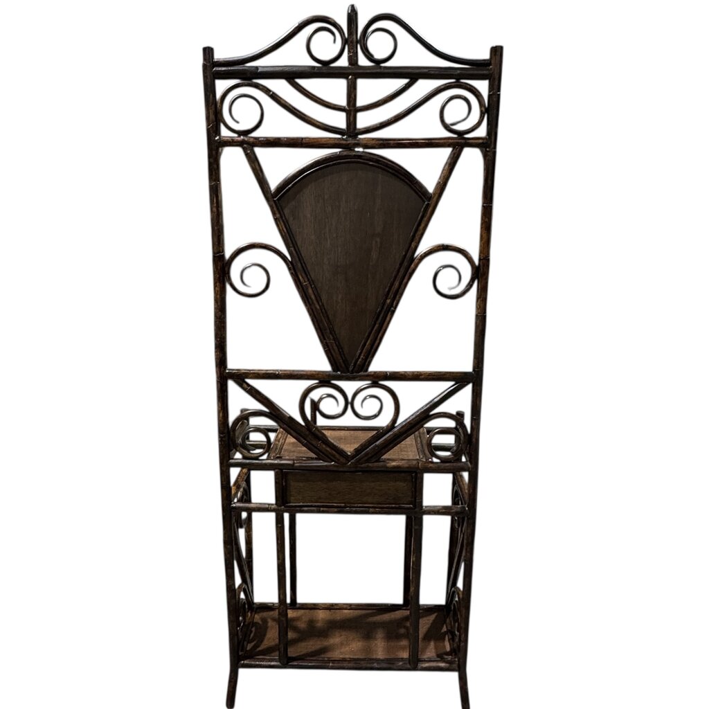 Vintage Faux Bamboo Chinoiserie Rattan Hall Tree w/ Fan Shaped Mirror Made in Charleston, North Carolina by: Bauer International Inc 27Lx12Wx75H
