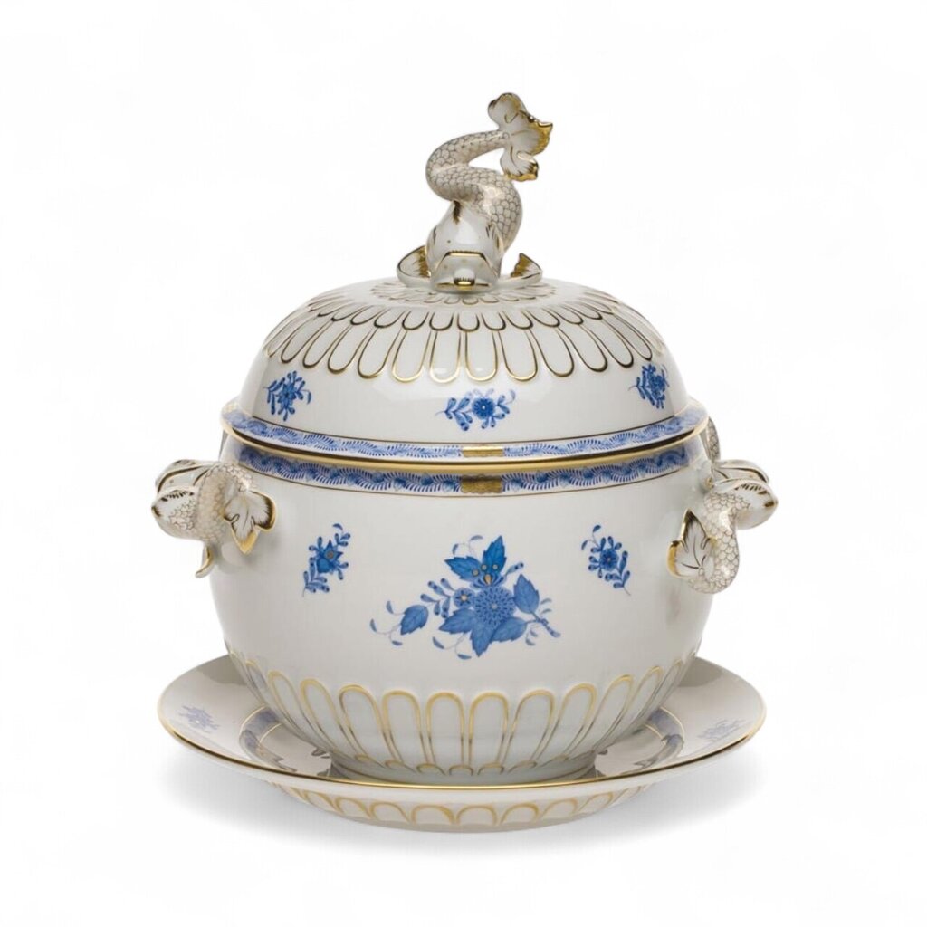 SIGNED Herend Chinese Bouquet Blue Tureen w/ Platter. Stylized Peony Motif w/ Blue Chinoiserie 24k Gold Accents w/ Dolphin Handles & Finial 12¼" H 128 ounces.