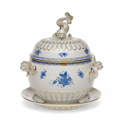 SIGNED Herend Chinese Bouquet Blue Tureen w/ Platter. Stylized Peony Motif w/ Blue Chinoiserie 24k Gold Accents w/ Dolphin Handles & Finial 12¼" H 128 ounces.