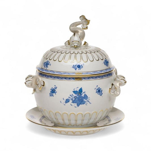 SIGNED Herend Chinese Bouquet Blue Tureen w/ Platter. Stylized Peony Motif w/ Blue Chinoiserie 24k Gold Accents w/ Dolphin Handles & Finial 12¼" H 128 ounces.
