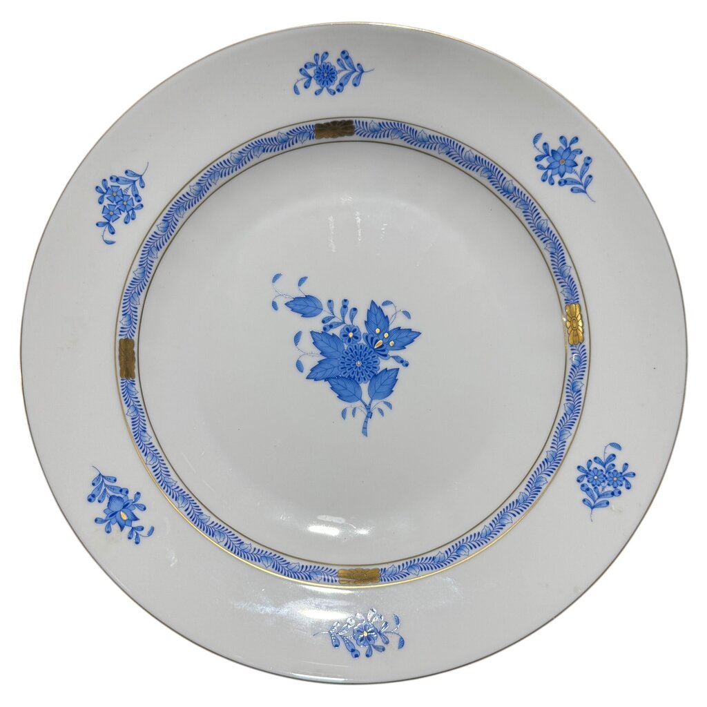 SIGNED Herend Chinese Bouquet Blue Tureen w/ Platter. Stylized Peony Motif w/ Blue Chinoiserie 24k Gold Accents w/ Dolphin Handles & Finial 12¼" H 128 ounces.